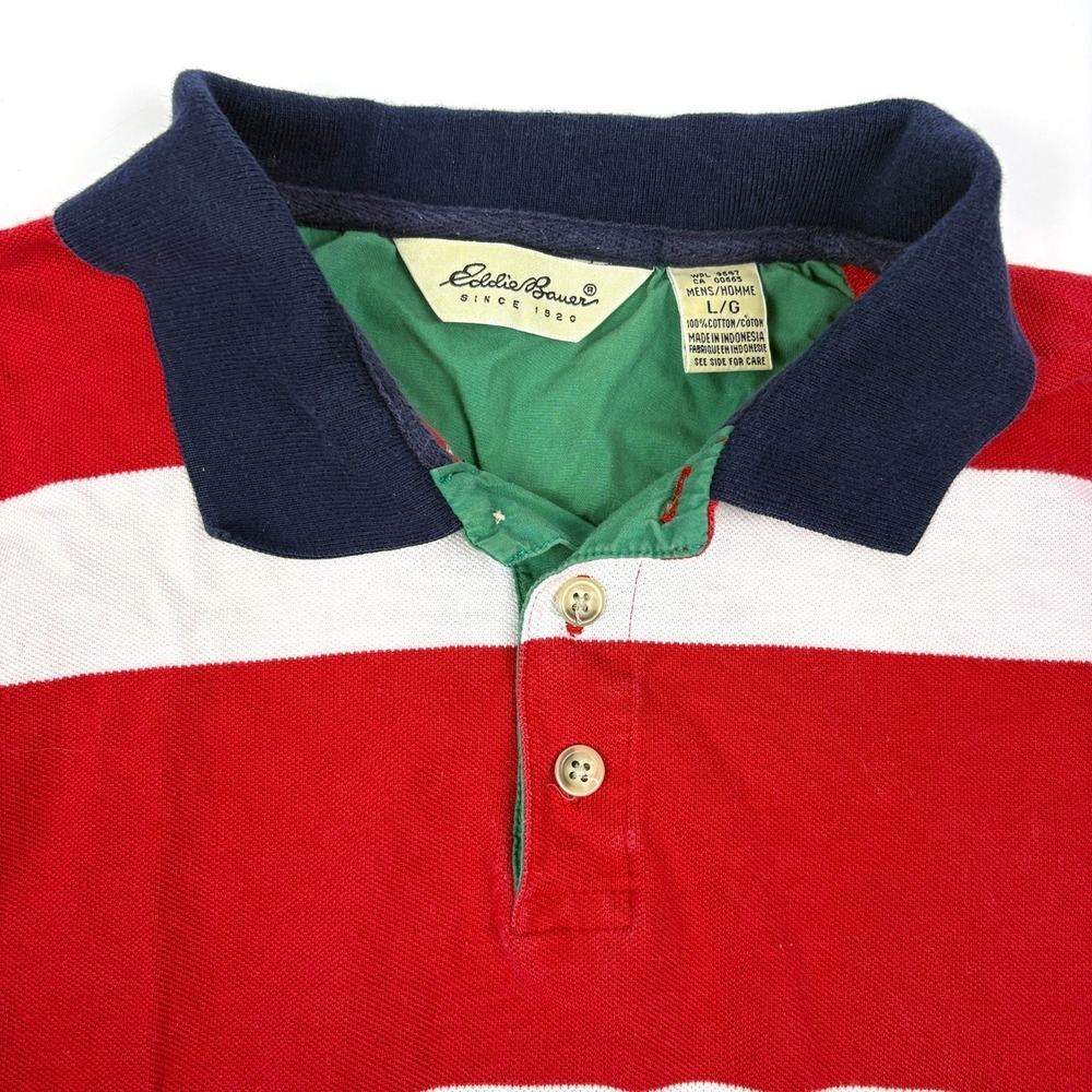 VTG 90s Eddie Bauer S/S Rugby Polo Shirt Mens Sz L Red White Blue Oversized Prep - Picture 9 of 16